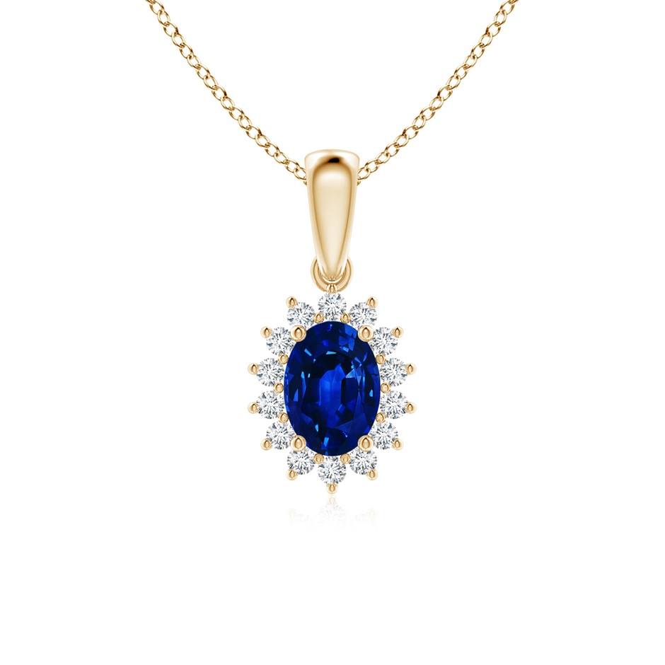 7x5mm AAAA Oval Sapphire Pendant with Floral Diamond Halo in Yellow Gold 