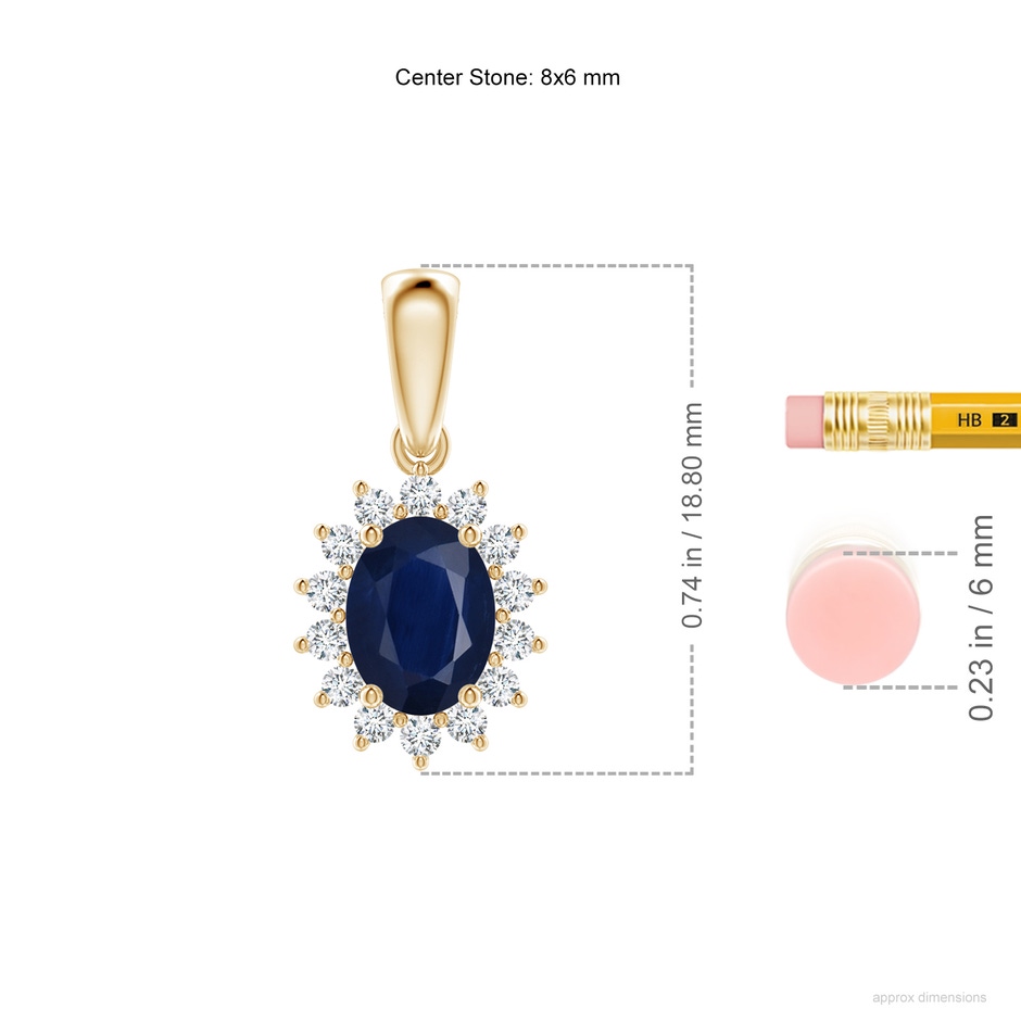 8x6mm A Oval Sapphire Pendant with Floral Diamond Halo in Yellow Gold ruler
