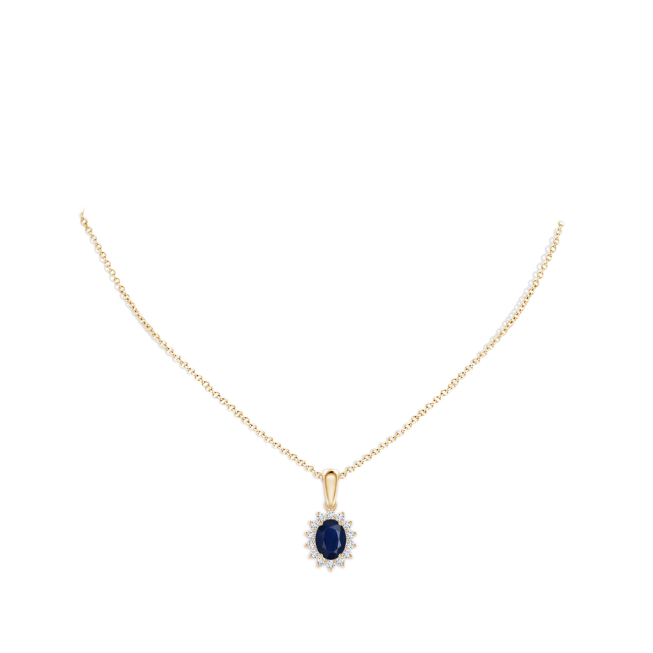 8x6mm A Oval Sapphire Pendant with Floral Diamond Halo in Yellow Gold pen