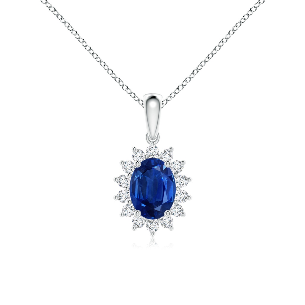 8x6mm AAA Oval Sapphire Pendant with Floral Diamond Halo in White Gold 