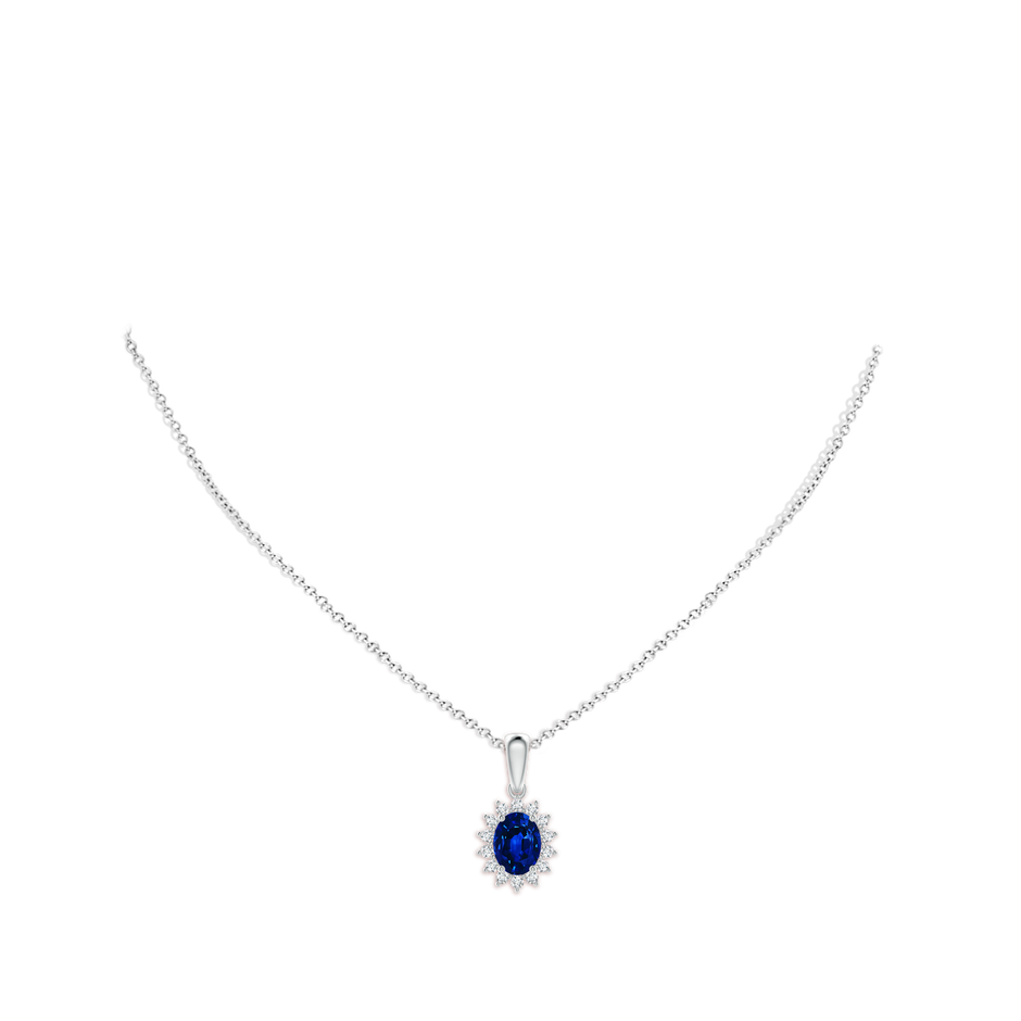 8x6mm AAAA Oval Sapphire Pendant with Floral Diamond Halo in P950 Platinum pen