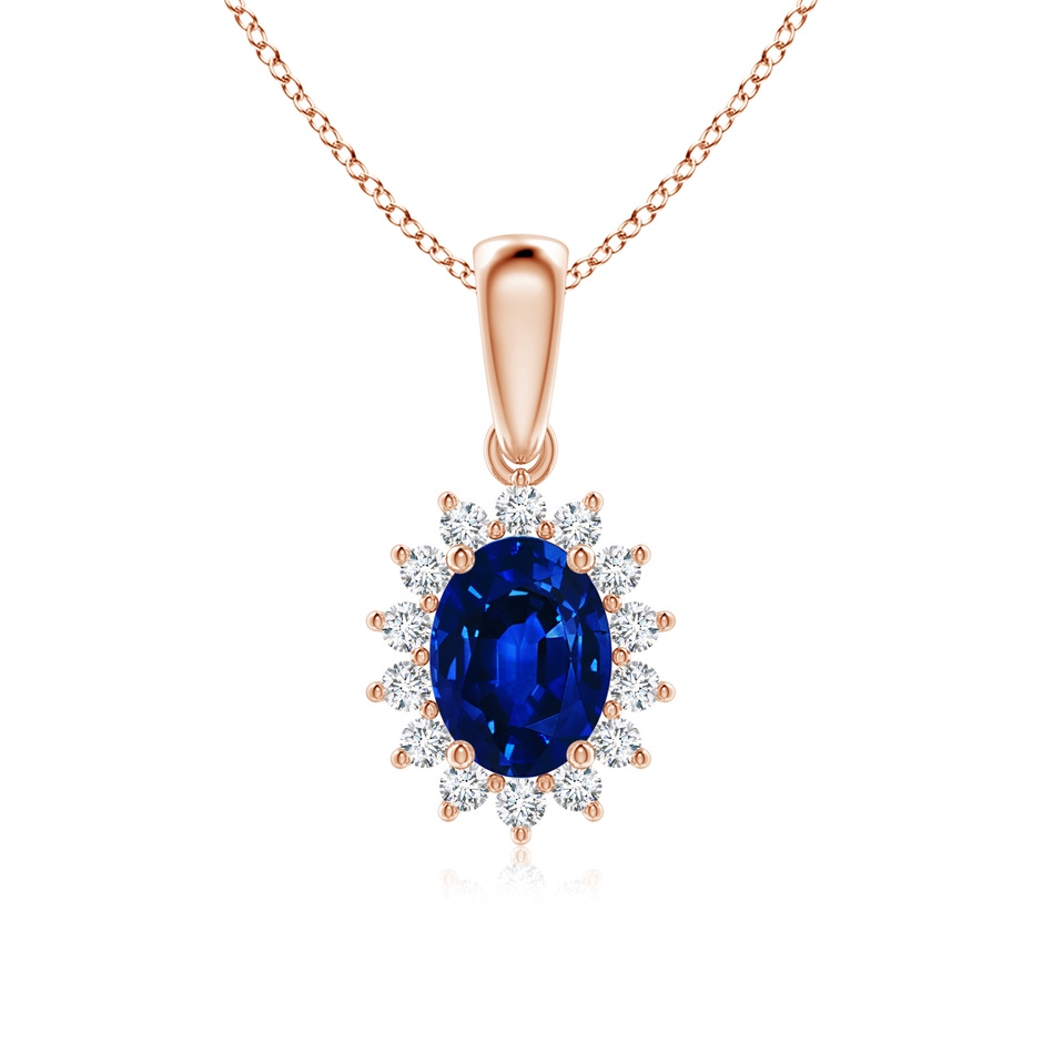 8x6mm AAAA Oval Sapphire Pendant with Floral Diamond Halo in Rose Gold 
