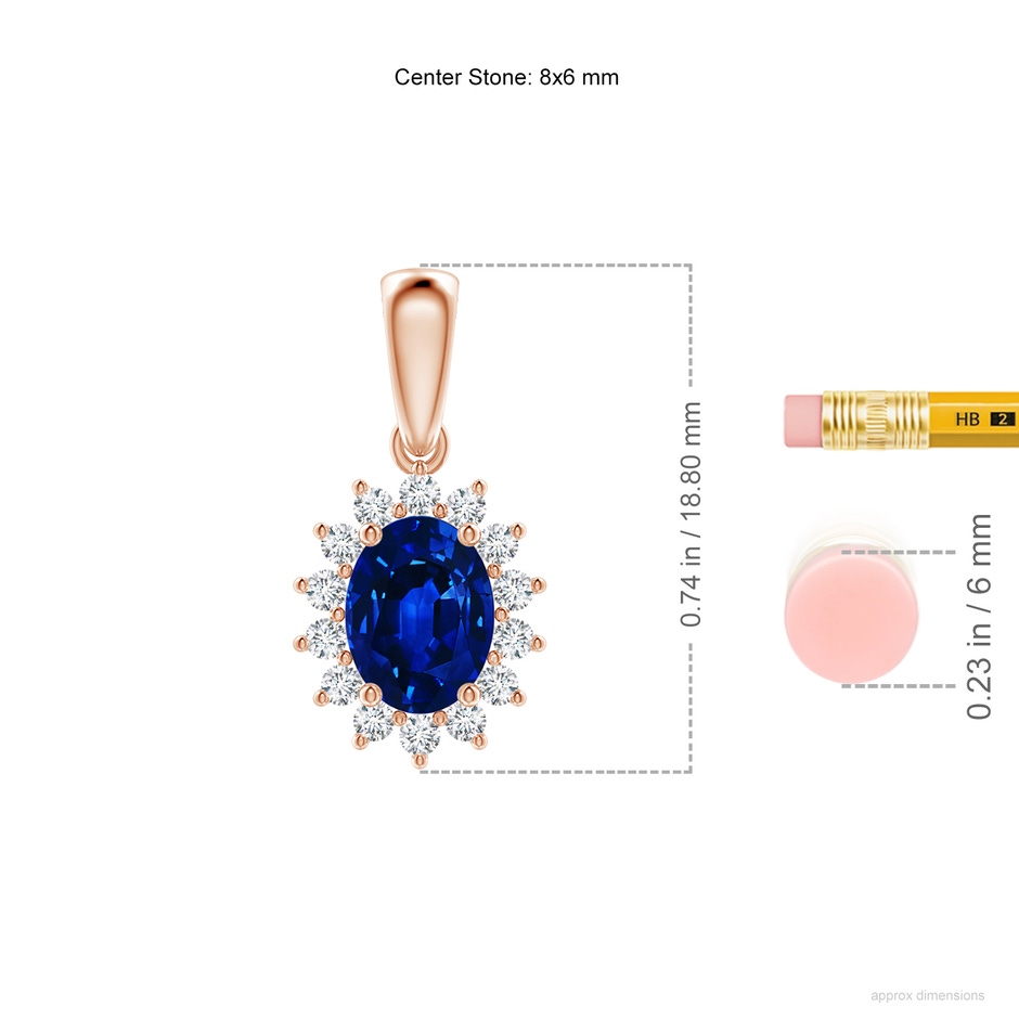 8x6mm AAAA Oval Sapphire Pendant with Floral Diamond Halo in Rose Gold ruler