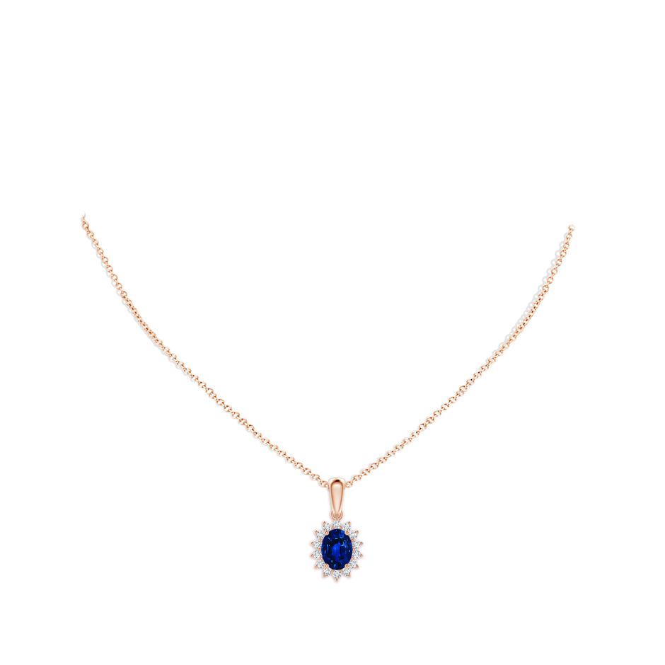8x6mm AAAA Oval Sapphire Pendant with Floral Diamond Halo in Rose Gold pen