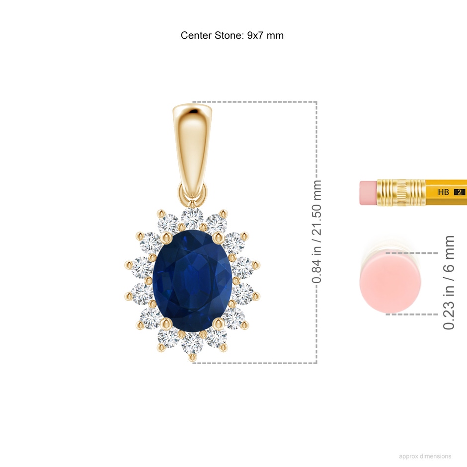 9x7mm AA Oval Sapphire Pendant with Floral Diamond Halo in Yellow Gold ruler