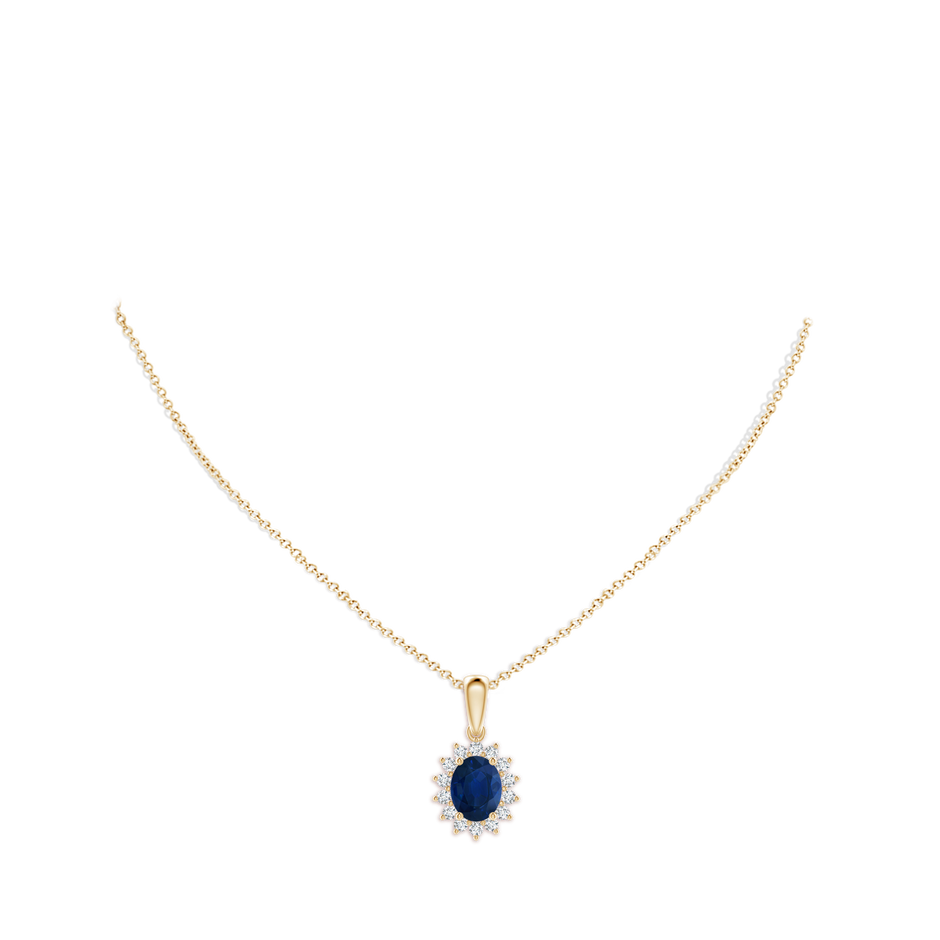 9x7mm AA Oval Sapphire Pendant with Floral Diamond Halo in Yellow Gold pen