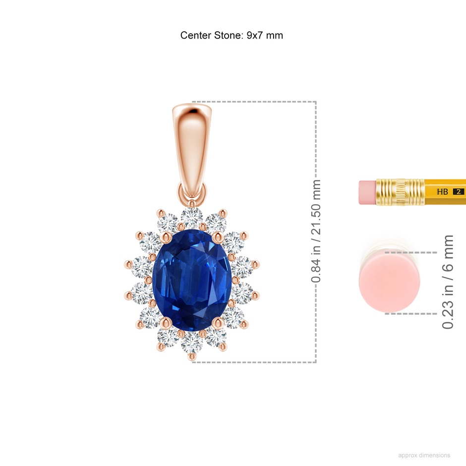 9x7mm AAA Oval Sapphire Pendant with Floral Diamond Halo in Rose Gold ruler