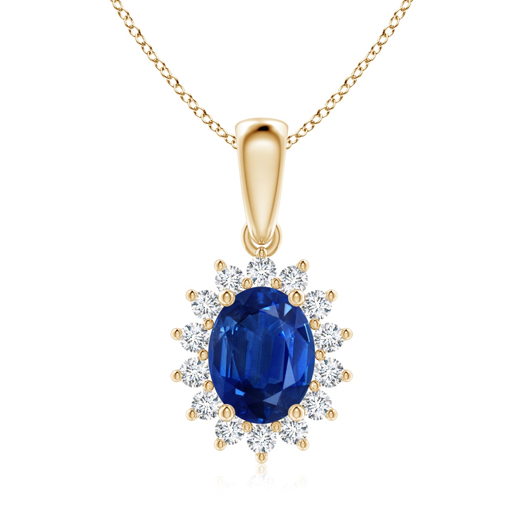 9x7mm AAA Oval Sapphire Pendant with Floral Diamond Halo in Yellow Gold