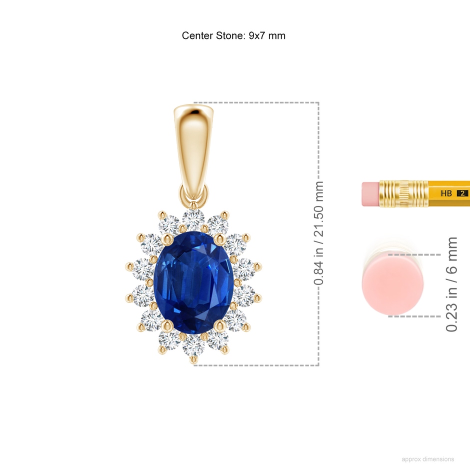 9x7mm AAA Oval Sapphire Pendant with Floral Diamond Halo in Yellow Gold ruler