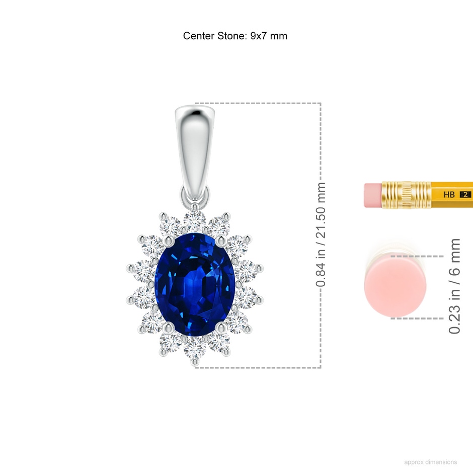 9x7mm AAAA Oval Sapphire Pendant with Floral Diamond Halo in P950 Platinum ruler