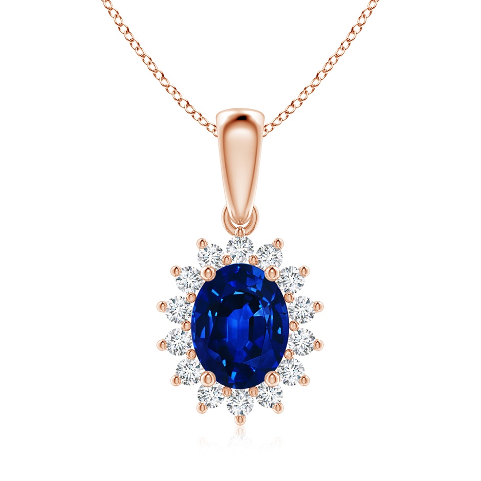 9x7mm AAAA Oval Sapphire Pendant with Floral Diamond Halo in Rose Gold 