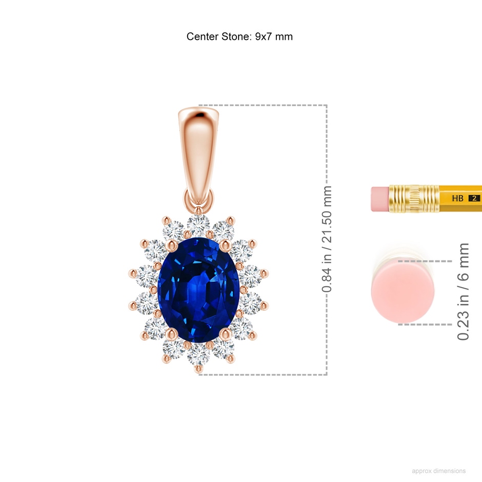9x7mm AAAA Oval Sapphire Pendant with Floral Diamond Halo in Rose Gold ruler