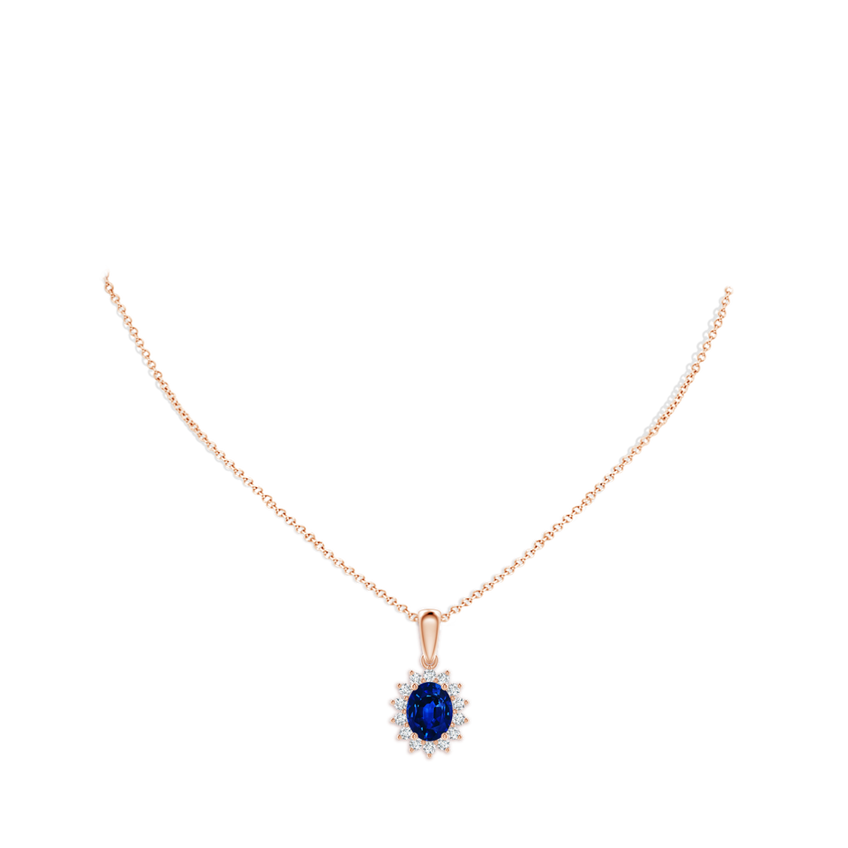 9x7mm AAAA Oval Sapphire Pendant with Floral Diamond Halo in Rose Gold pen