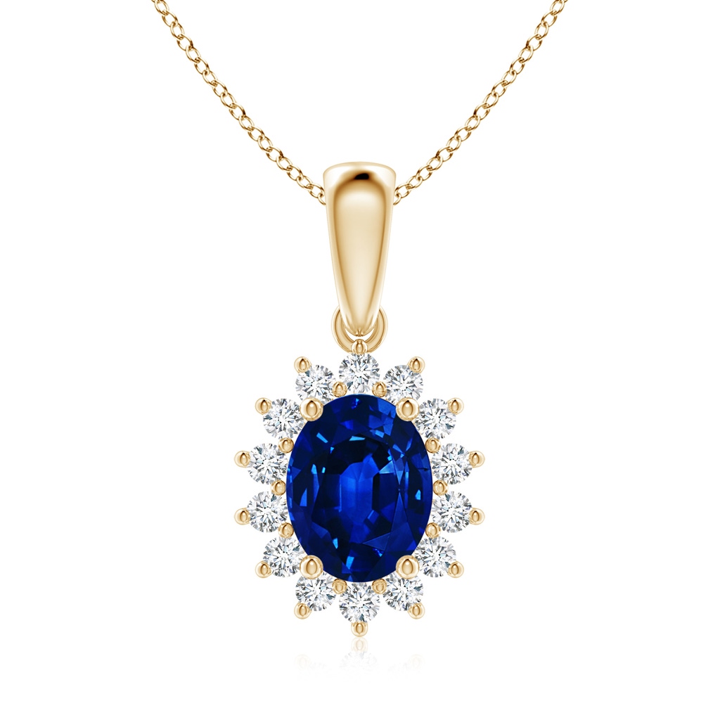 9x7mm Lab-Grown Oval Sapphire Pendant with Floral Diamond Halo in Yellow Gold