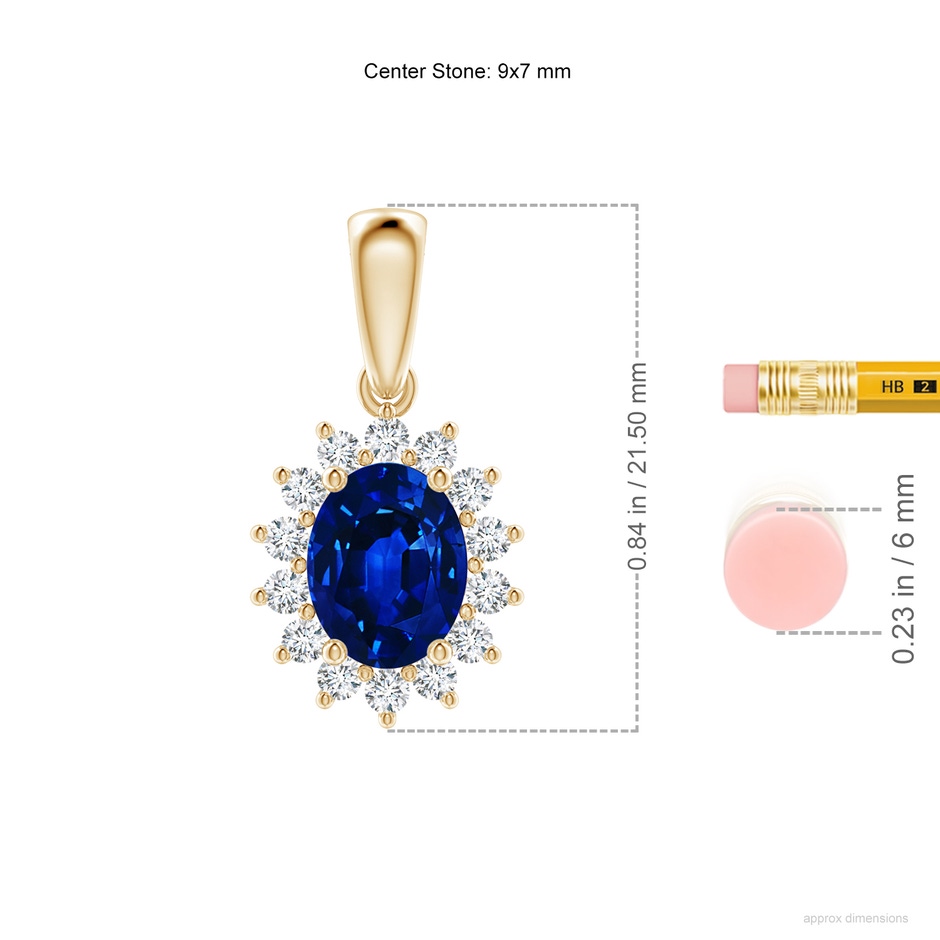 9x7mm Lab-Grown Oval Sapphire Pendant with Floral Diamond Halo in Yellow Gold ruler