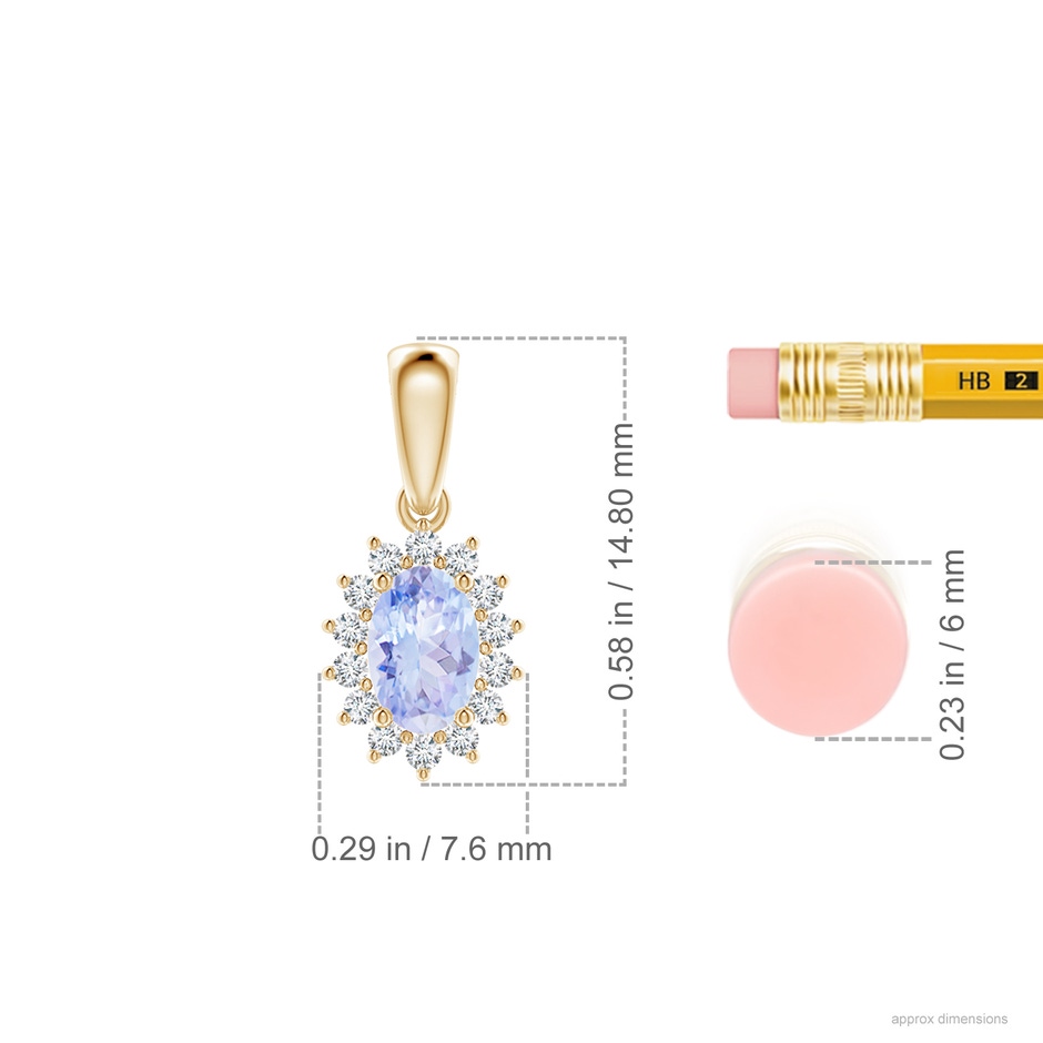 6x4mm A Oval Tanzanite Pendant with Floral Diamond Halo in Yellow Gold ruler