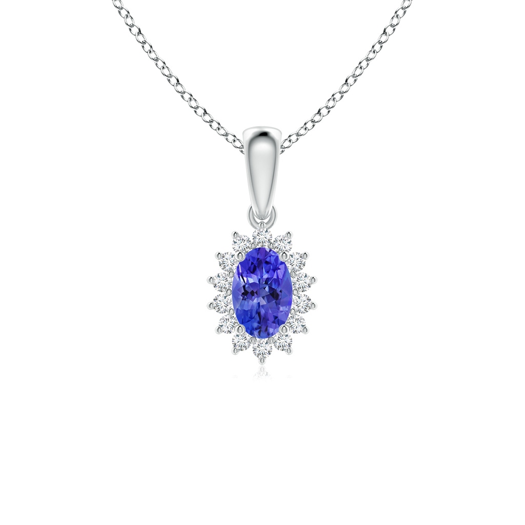 6x4mm AAAA Oval Tanzanite Pendant with Floral Diamond Halo in White Gold