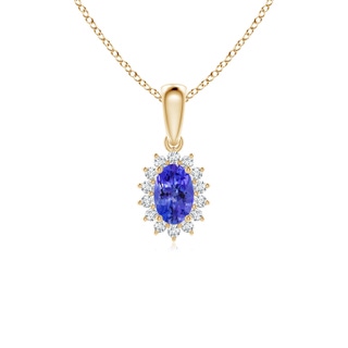 6x4mm AAAA Oval Tanzanite Pendant with Floral Diamond Halo in Yellow Gold