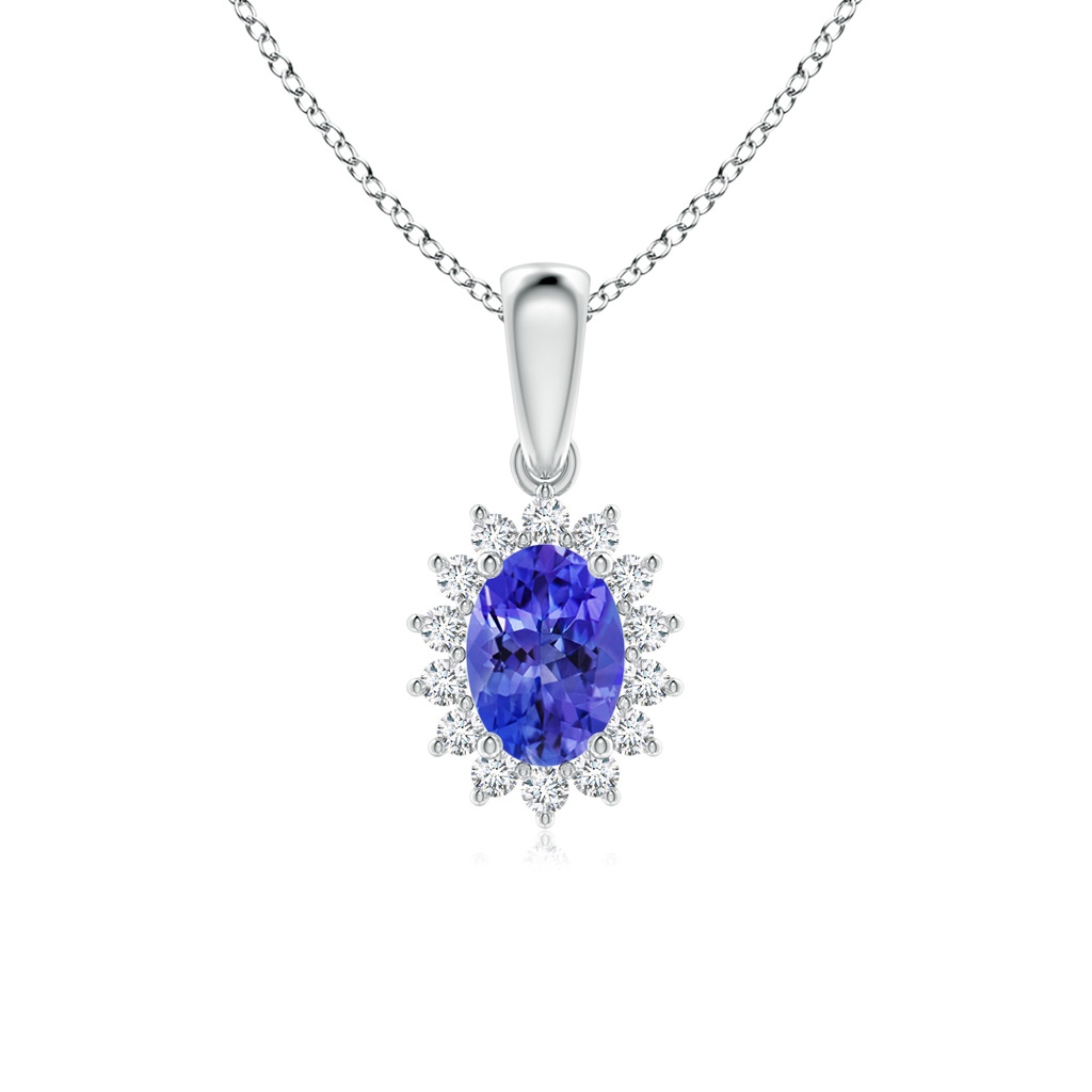 7x5mm AAA Oval Tanzanite Pendant with Floral Diamond Halo in White Gold