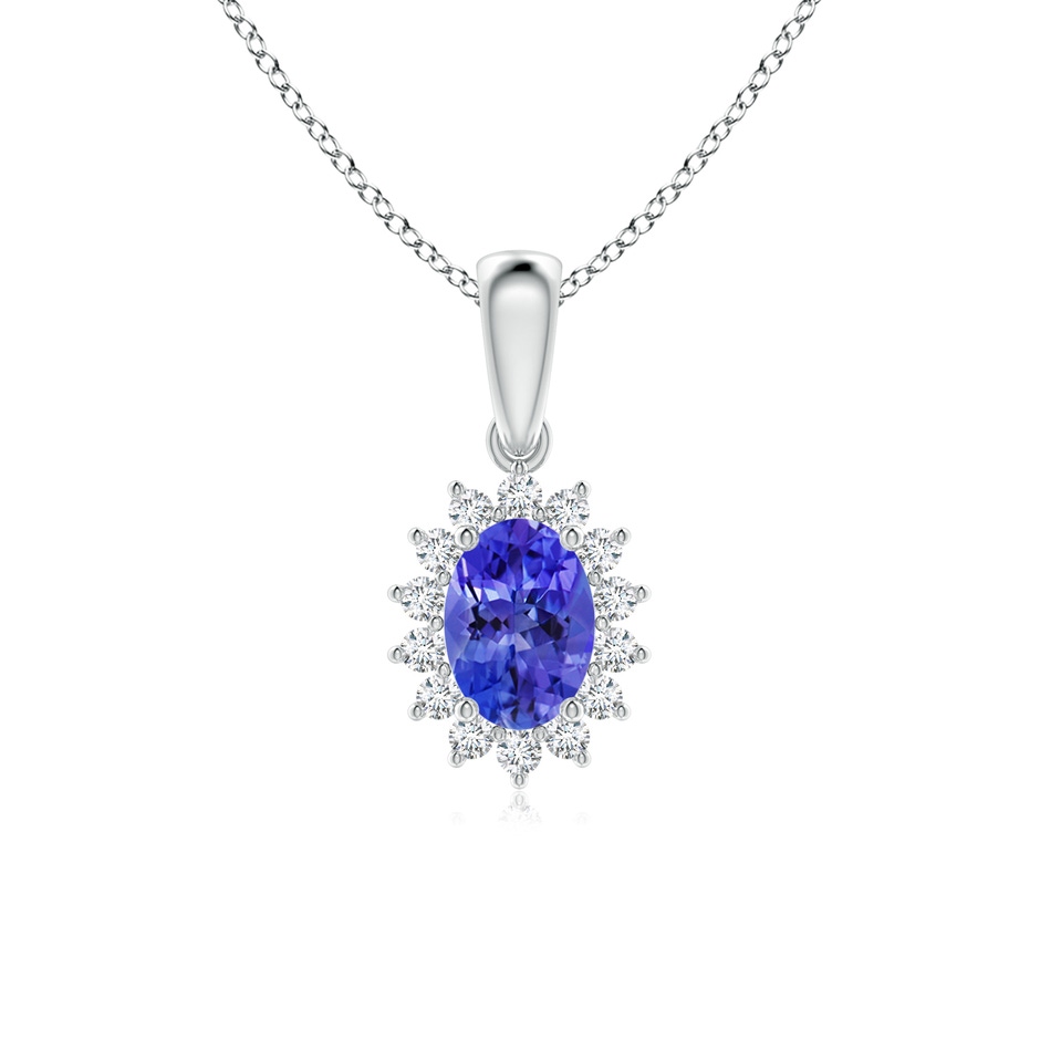 7x5mm AAA Oval Tanzanite Pendant with Floral Diamond Halo in White Gold 