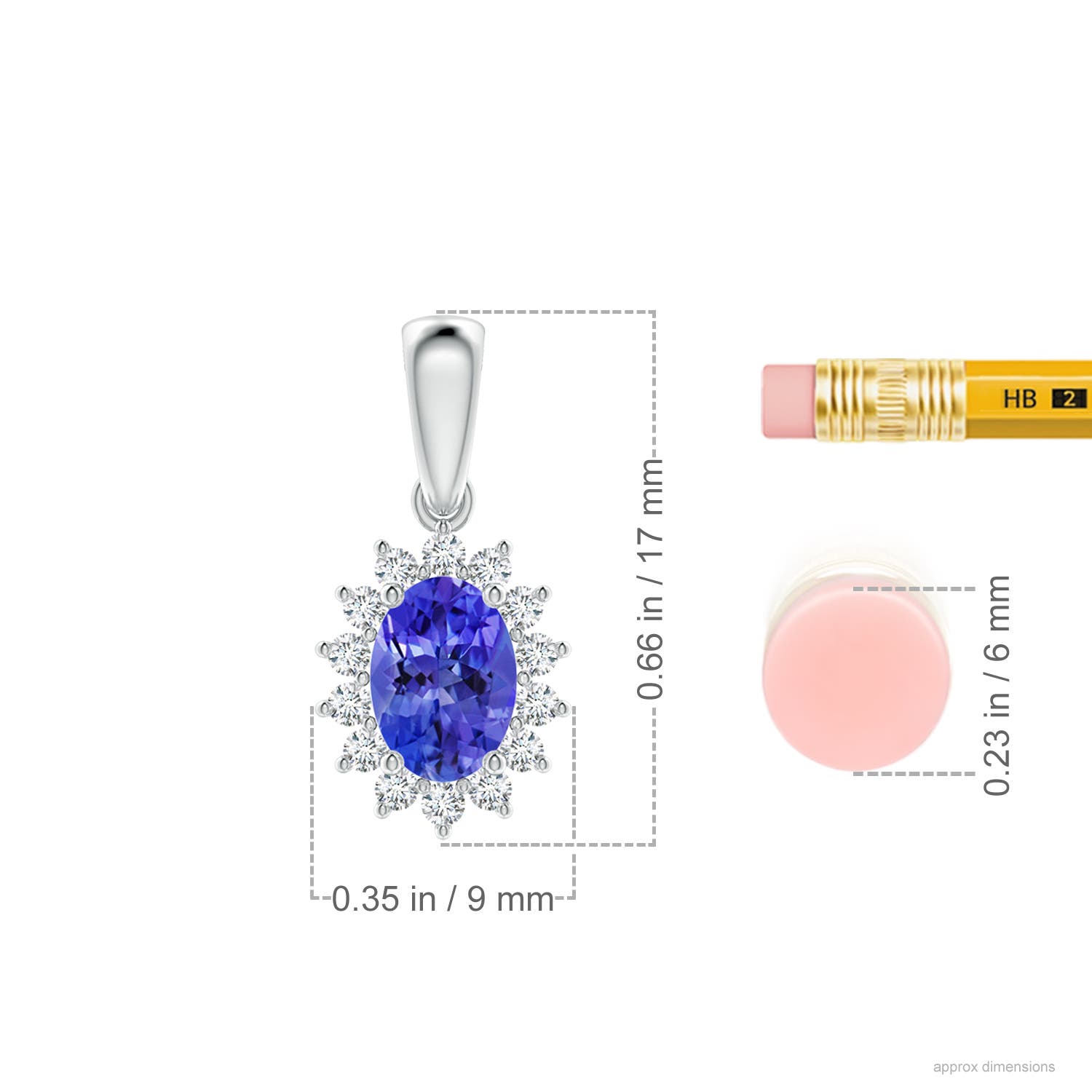 7x5mm AAA Oval Tanzanite Pendant with Floral Diamond Halo in White Gold - ruler
