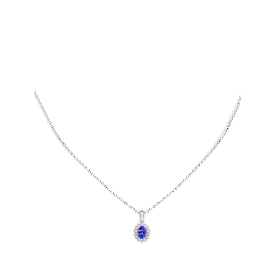 7x5mm AAA Oval Tanzanite Pendant with Floral Diamond Halo in White Gold body-neck