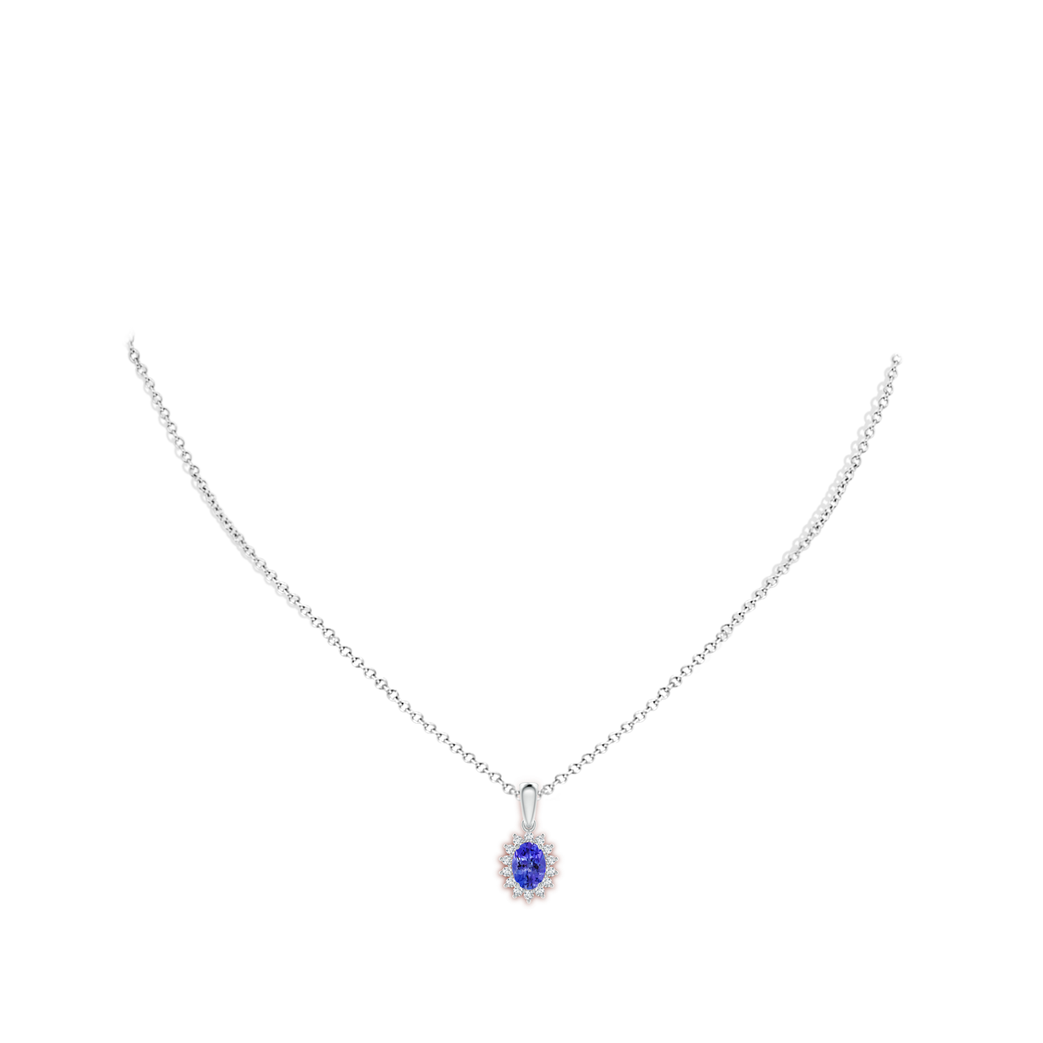 7x5mm AAA Oval Tanzanite Pendant with Floral Diamond Halo in White Gold - body_neck