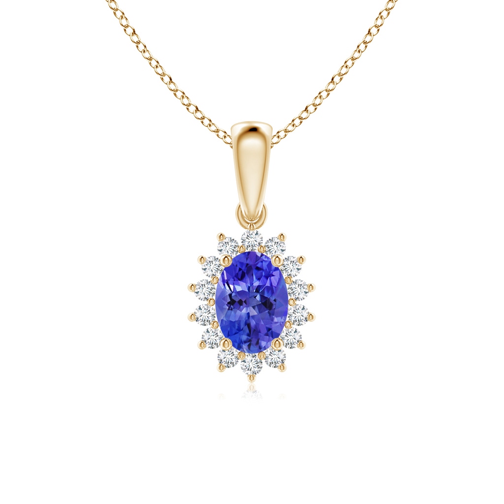 7x5mm AAA Oval Tanzanite Pendant with Floral Diamond Halo in Yellow Gold