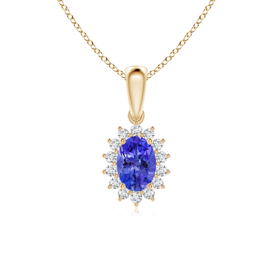 7x5mm AAA Oval Tanzanite Pendant with Floral Diamond Halo in Yellow Gold 