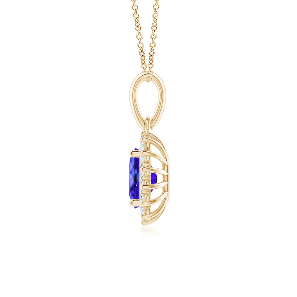 7x5mm AAA Oval Tanzanite Pendant with Floral Diamond Halo in Yellow Gold Side 1