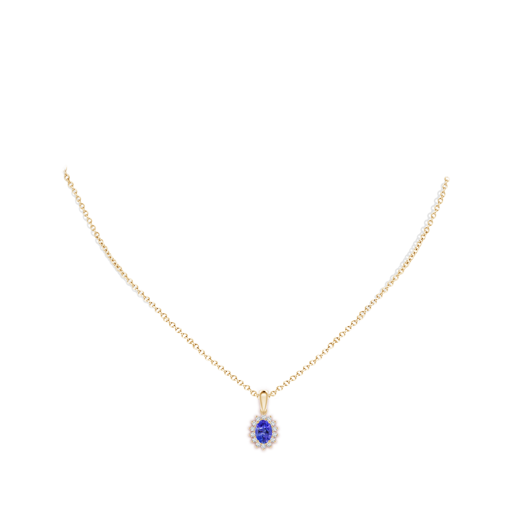 7x5mm AAA Oval Tanzanite Pendant with Floral Diamond Halo in Yellow Gold Body-Neck