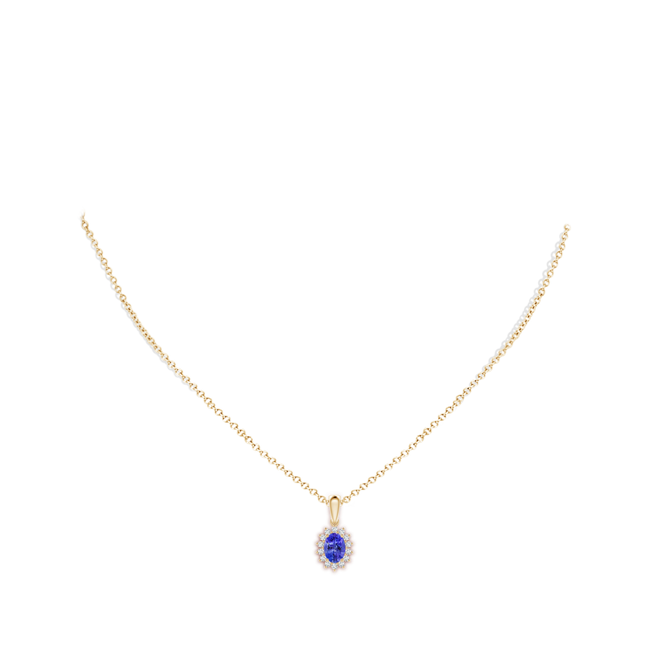 7x5mm AAA Oval Tanzanite Pendant with Floral Diamond Halo in Yellow Gold body-neck