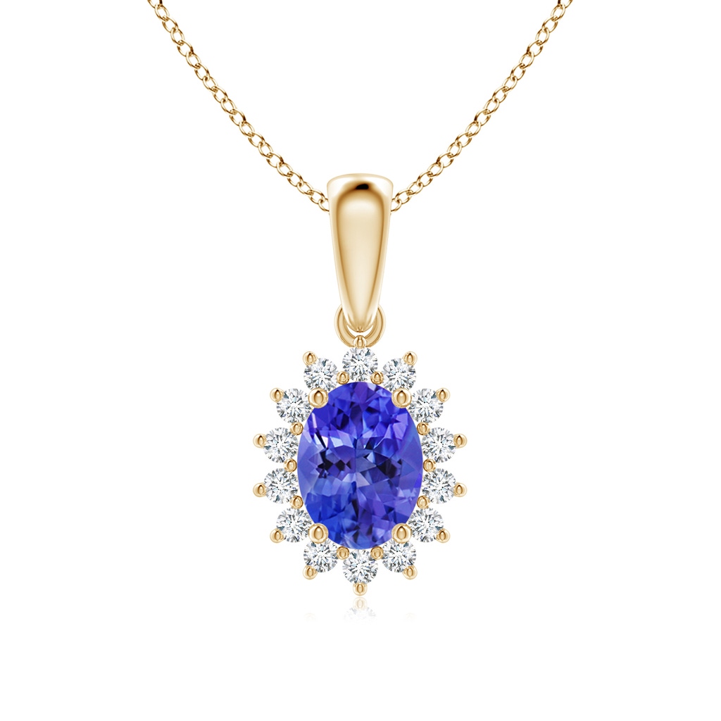 8x6mm AAA Oval Tanzanite Pendant with Floral Diamond Halo in 10K Yellow Gold
