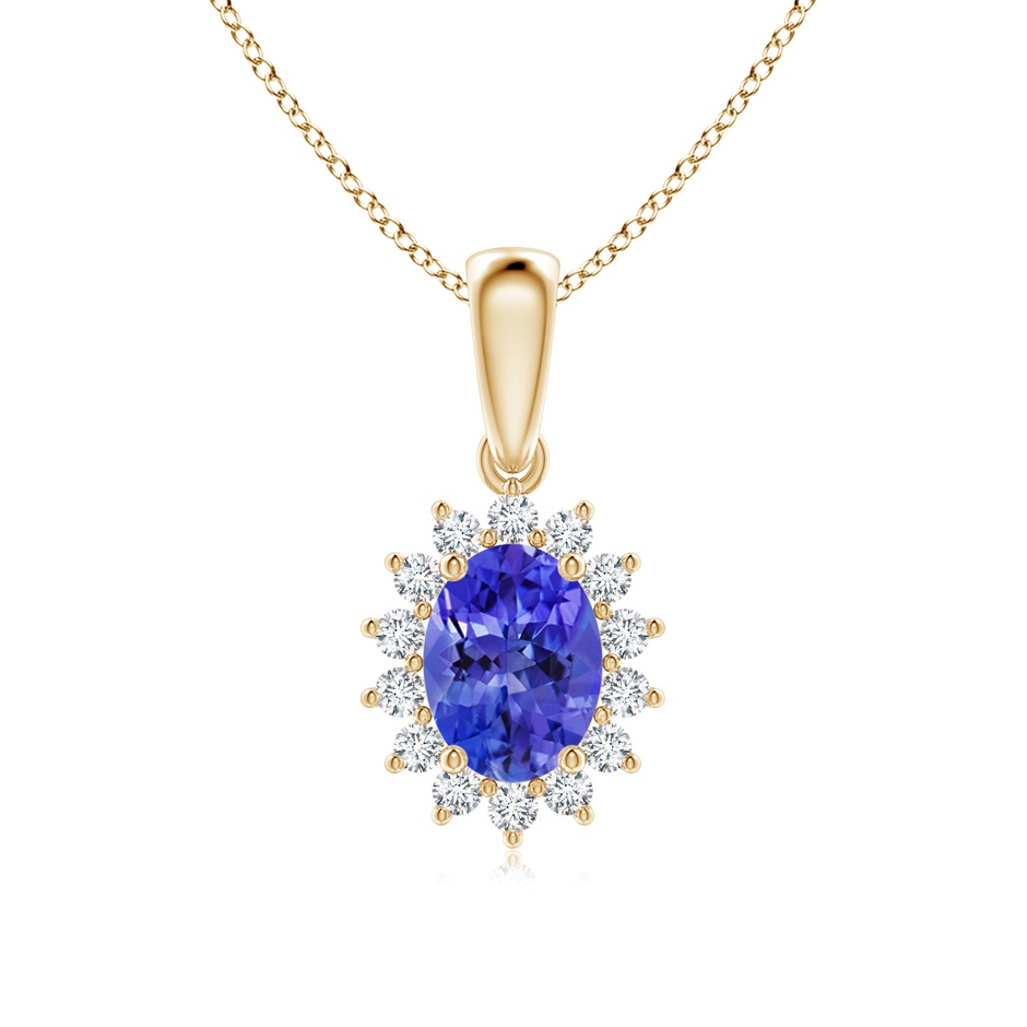 8x6mm AAA Oval Tanzanite Pendant with Floral Diamond Halo in 10K Yellow Gold 