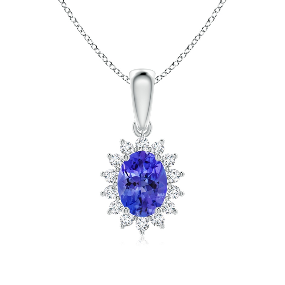 8x6mm AAA Oval Tanzanite Pendant with Floral Diamond Halo in White Gold 