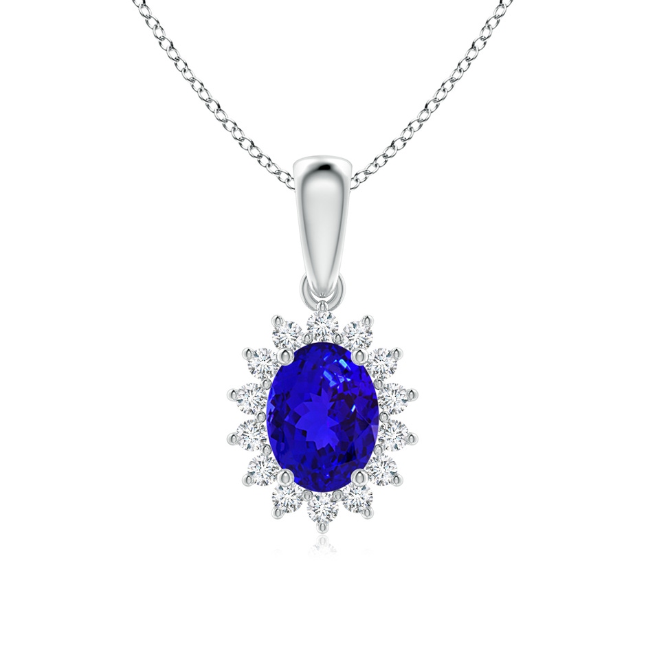 8x6mm AAAA Oval Tanzanite Pendant with Floral Diamond Halo in White Gold 