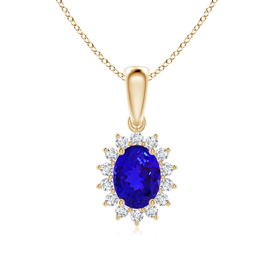 8x6mm AAAA Oval Tanzanite Pendant with Floral Diamond Halo in Yellow Gold 