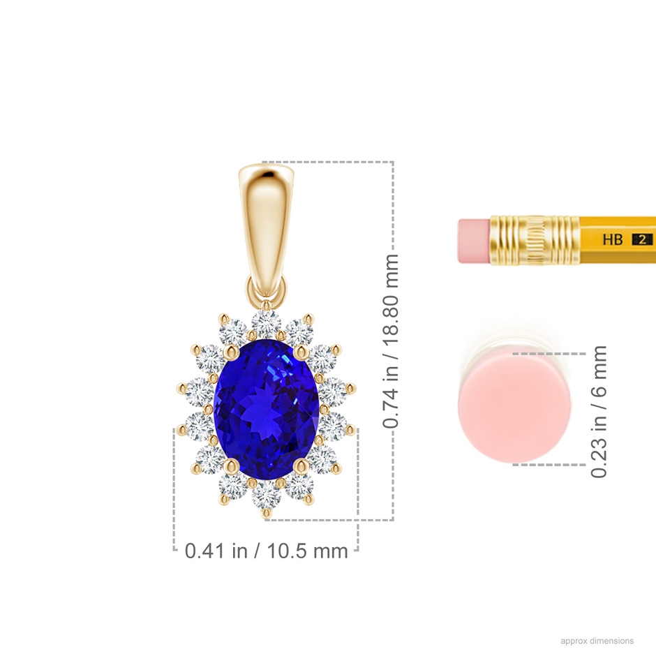 8x6mm AAAA Oval Tanzanite Pendant with Floral Diamond Halo in Yellow Gold ruler