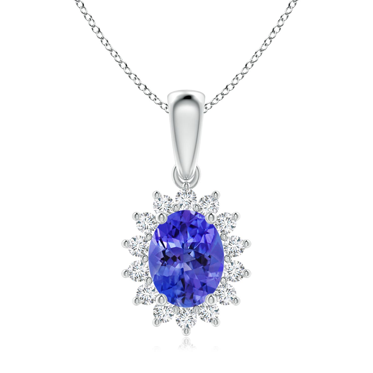 9x7mm AAA Oval Tanzanite Pendant with Floral Diamond Halo in P950 Platinum