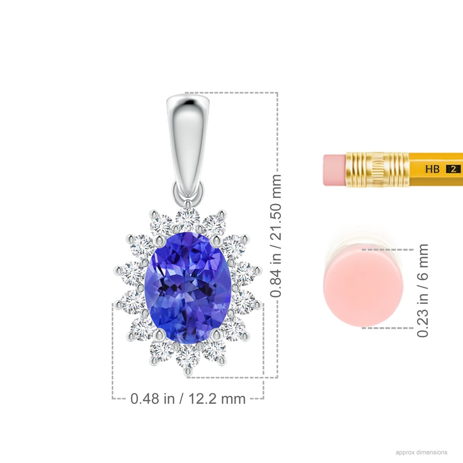 9x7mm AAA Oval Tanzanite Pendant with Floral Diamond Halo in White Gold ruler
