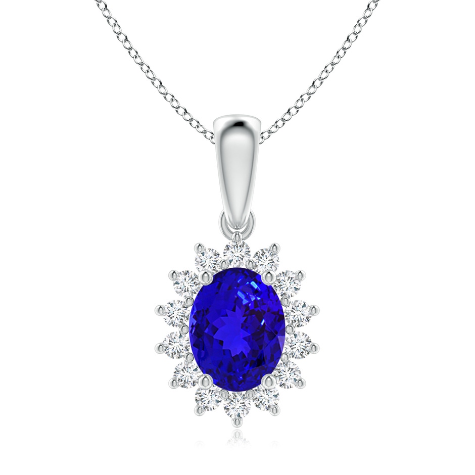 9x7mm AAAA Oval Tanzanite Pendant with Floral Diamond Halo in White Gold 