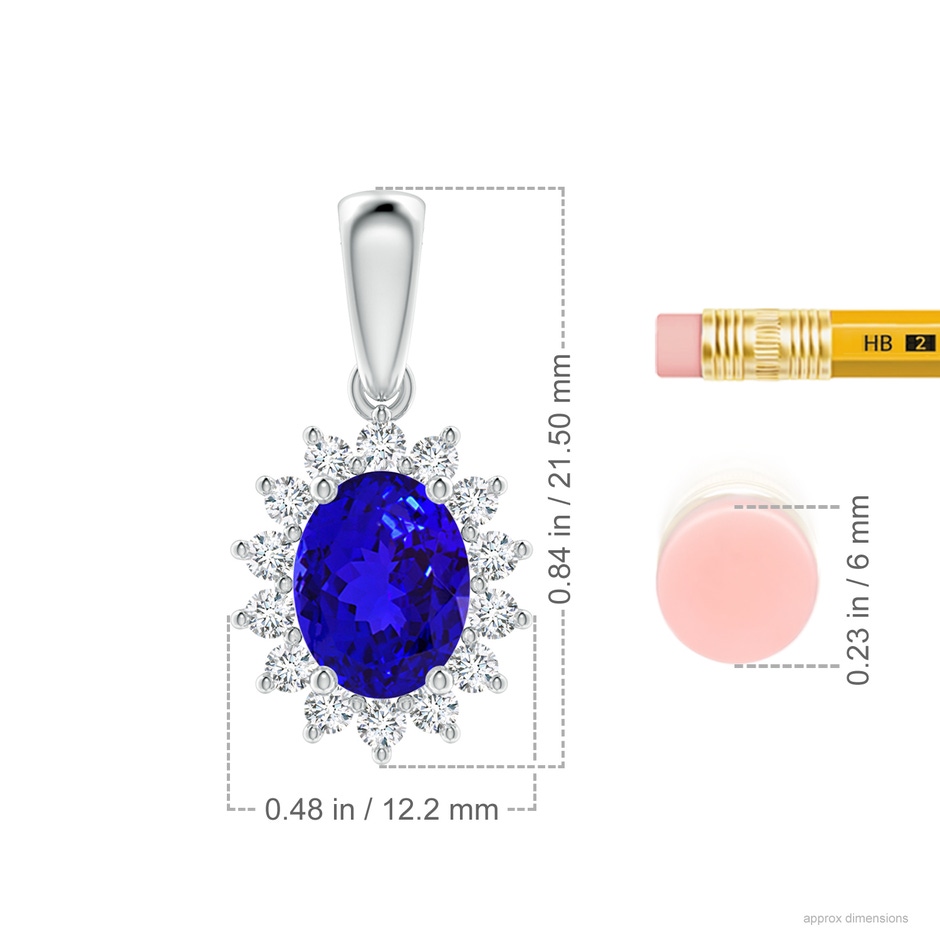 9x7mm AAAA Oval Tanzanite Pendant with Floral Diamond Halo in White Gold ruler
