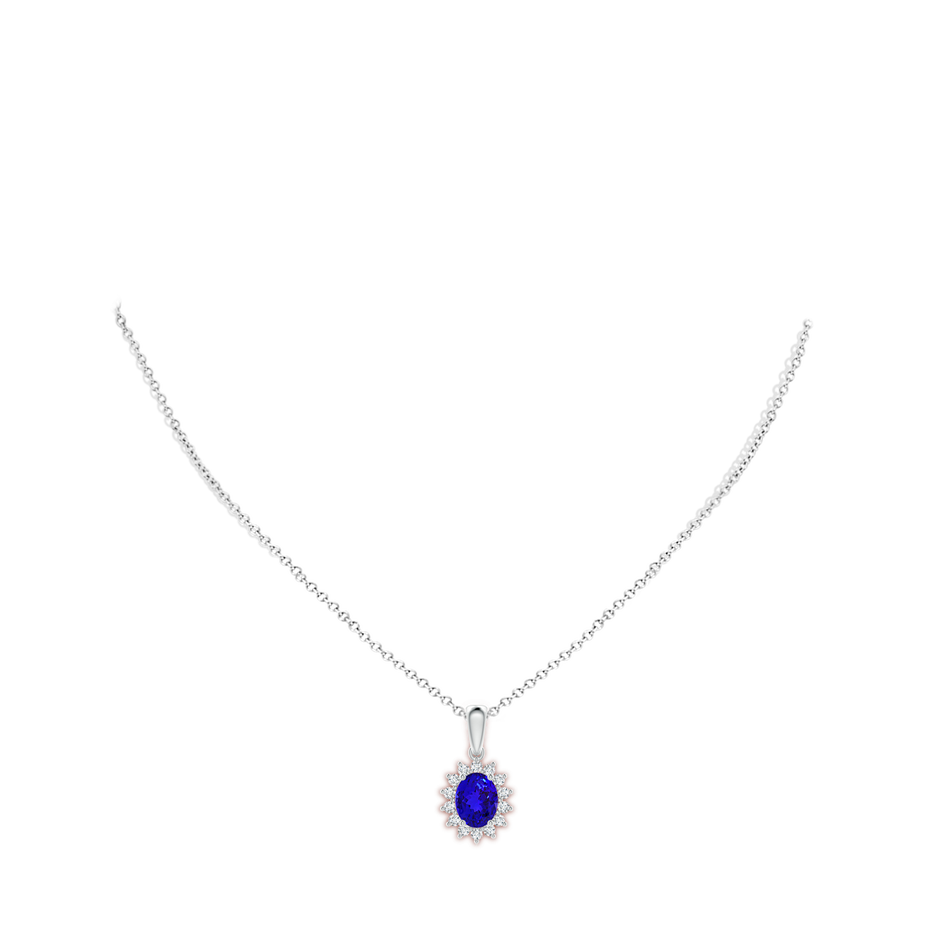 9x7mm AAAA Oval Tanzanite Pendant with Floral Diamond Halo in White Gold pen