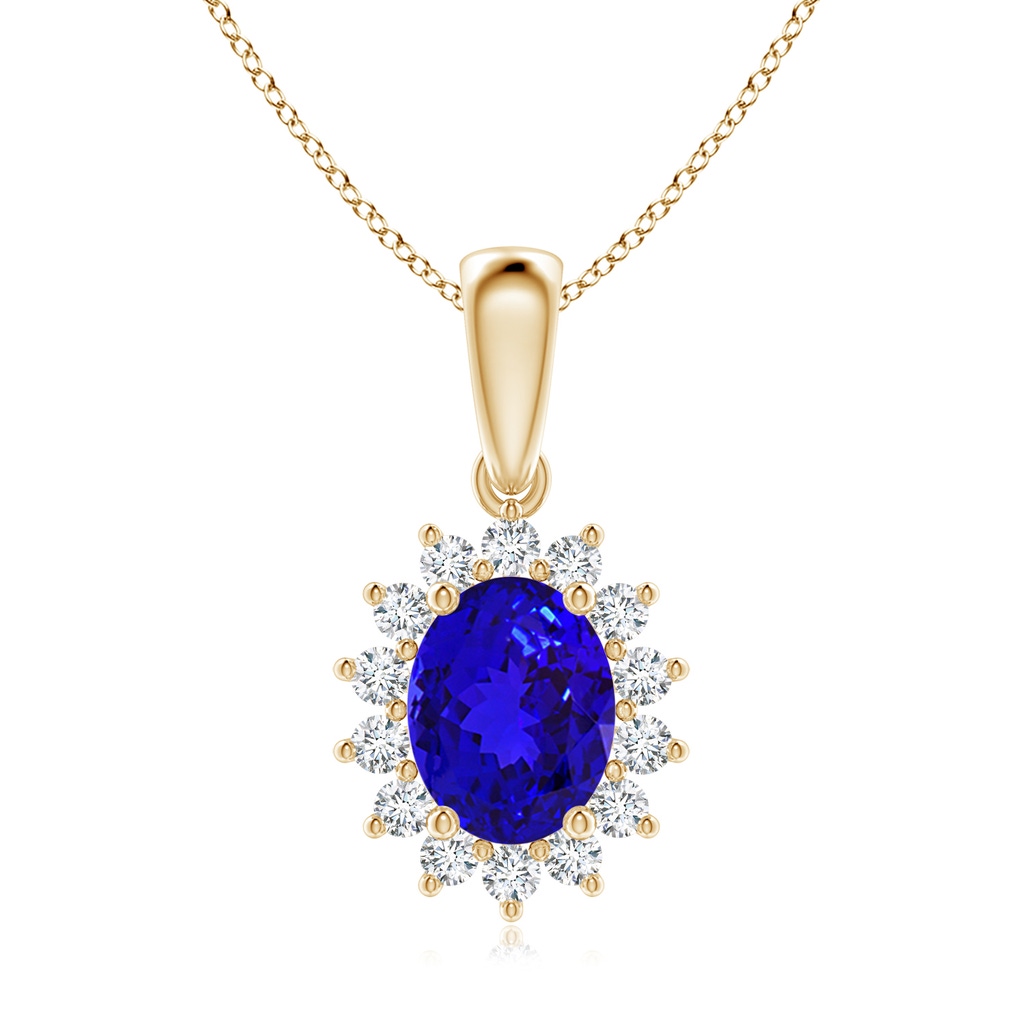 9x7mm AAAA Oval Tanzanite Pendant with Floral Diamond Halo in Yellow Gold