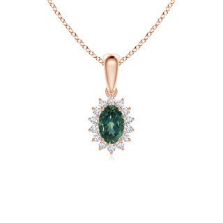 6x4mm AA Oval Teal Montana Sapphire Pendant with Floral Diamond Halo in 9K Rose Gold