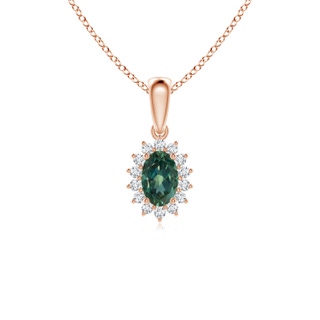 6x4mm AA Oval Teal Montana Sapphire Pendant with Floral Diamond Halo in Rose Gold