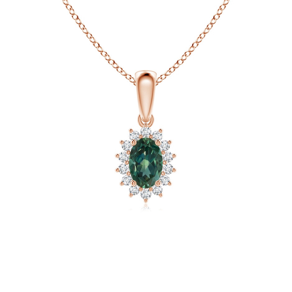 6x4mm AA Oval Teal Montana Sapphire Pendant with Floral Diamond Halo in Rose Gold 