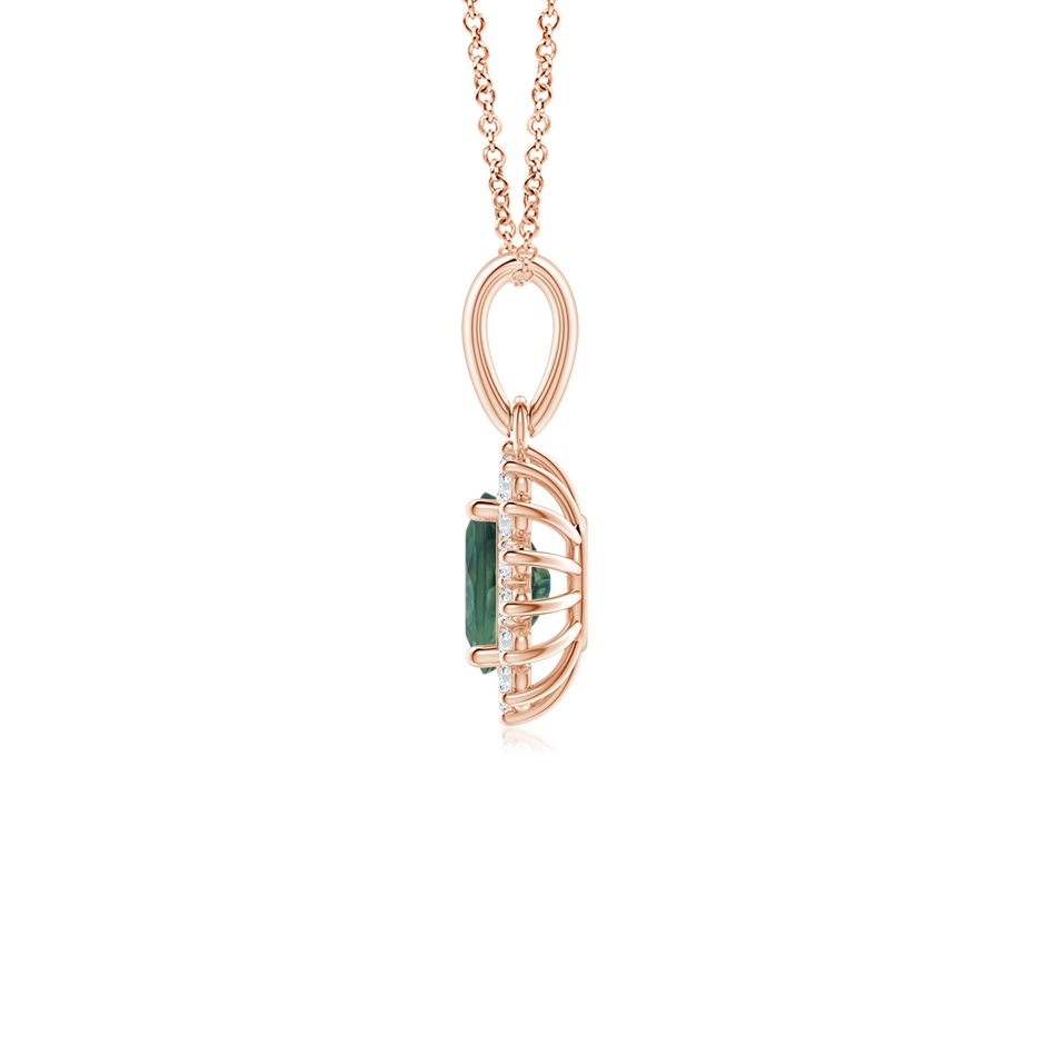 6x4mm AA Oval Teal Montana Sapphire Pendant with Floral Diamond Halo in Rose Gold side 1