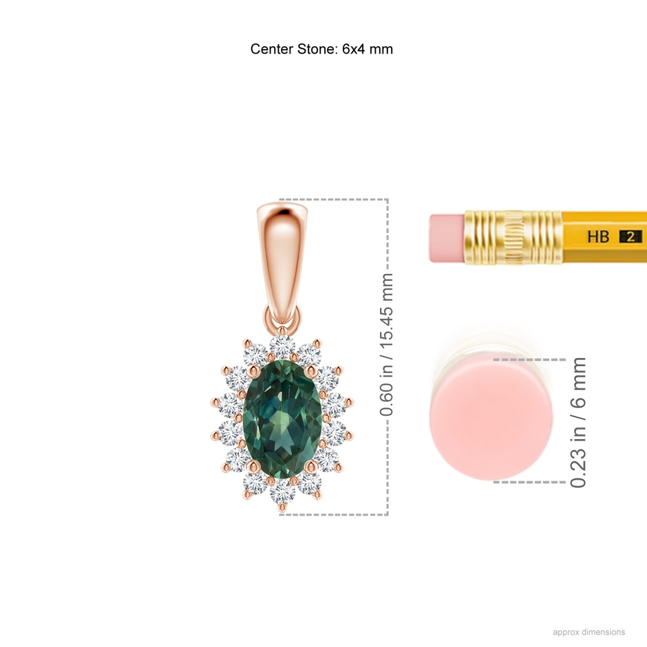 6x4mm AA Oval Teal Montana Sapphire Pendant with Floral Diamond Halo in Rose Gold ruler
