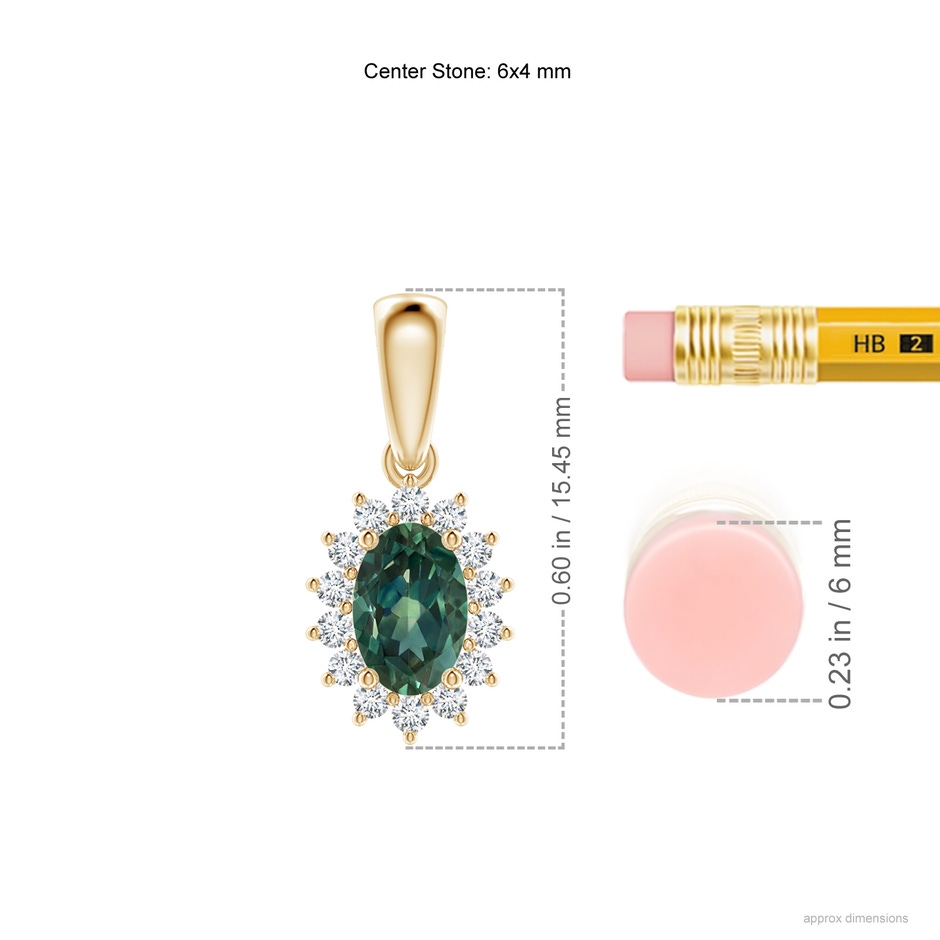 6x4mm AA Oval Teal Montana Sapphire Pendant with Floral Diamond Halo in Yellow Gold ruler